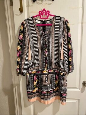 Bisou Bisou Black, White & Pink Patterned Lace-Up Romper